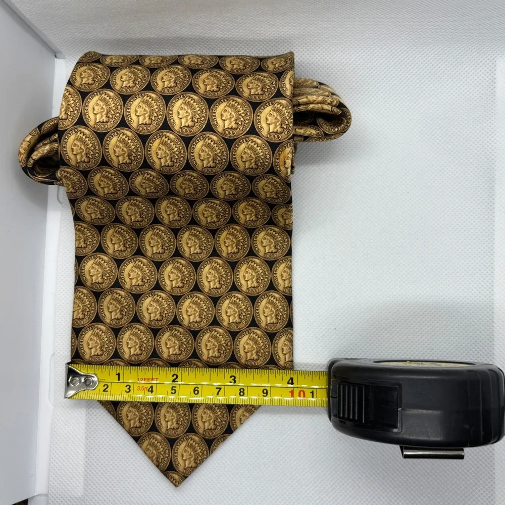 Museum Artifacts Necktie Mens Gold Black Indian Head Penny Coin Handmade Silk